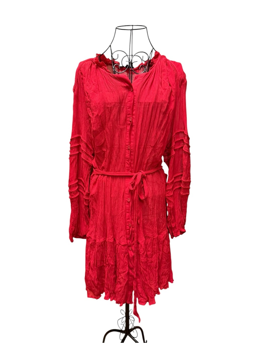 Banana Republic Boho Bright Red Crinkle Button-Front Tie Dress XL